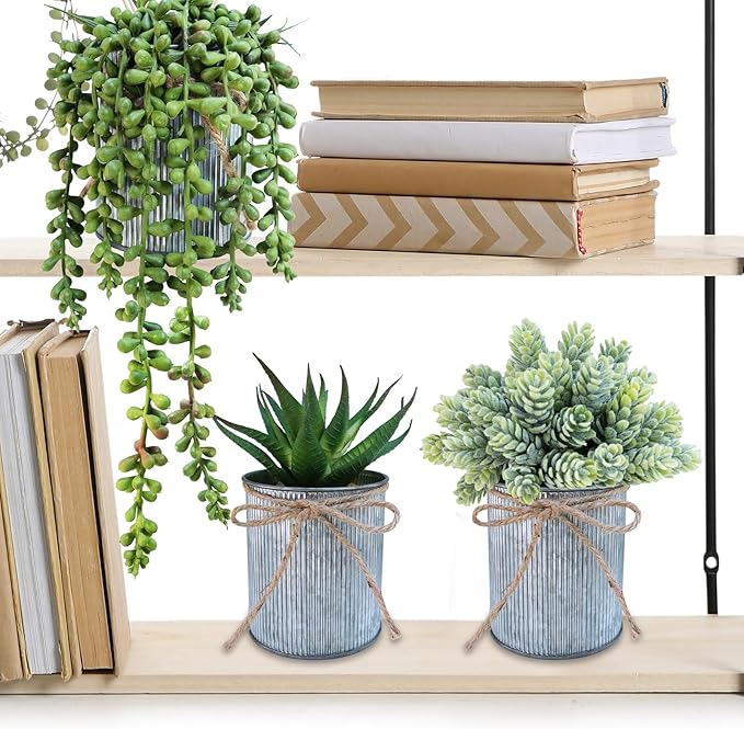 Winlyn Set of 3 Small Artificial Succulent Potted Plants Faux Aloe Hops Hanging Succulent in Rustic Galvanized Metal Pots Fake Plant Decor for Farmhouse Home Office Wedding Windowsill Table Shelf