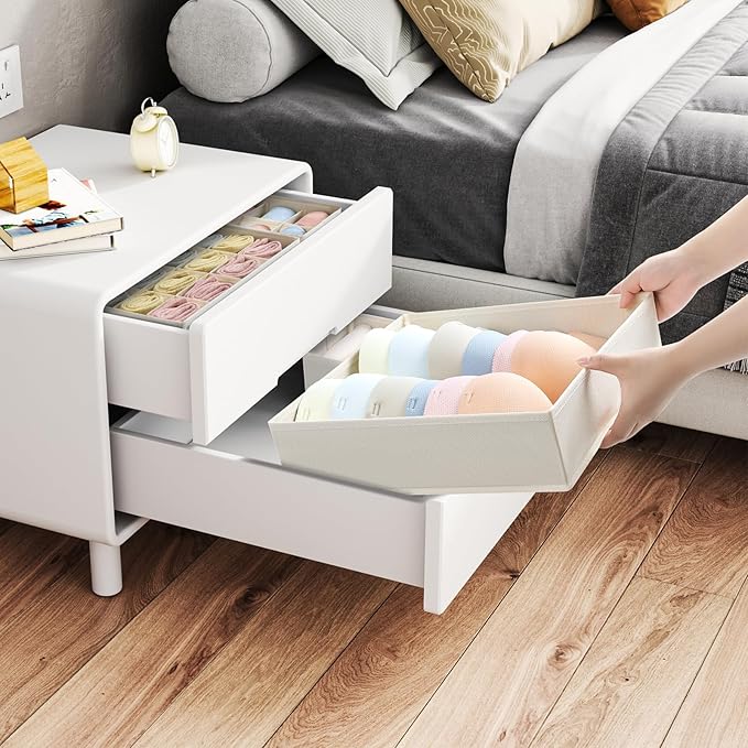 Foldable Underwear and Sock Organizer - Divider Fabric Dresser Drawer Organizer for Socks, Bra, Underwear, Tie, 8 Pack, Beige