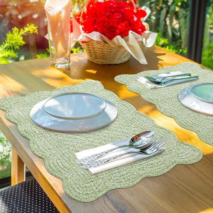 HOMBYS Quilted Placemats Set of 6 Washable-13x18 inches Rectangular Placemats for Kitchen Table-100% Cotton Fabric Rectangular Table Mats, (White with Light Green)