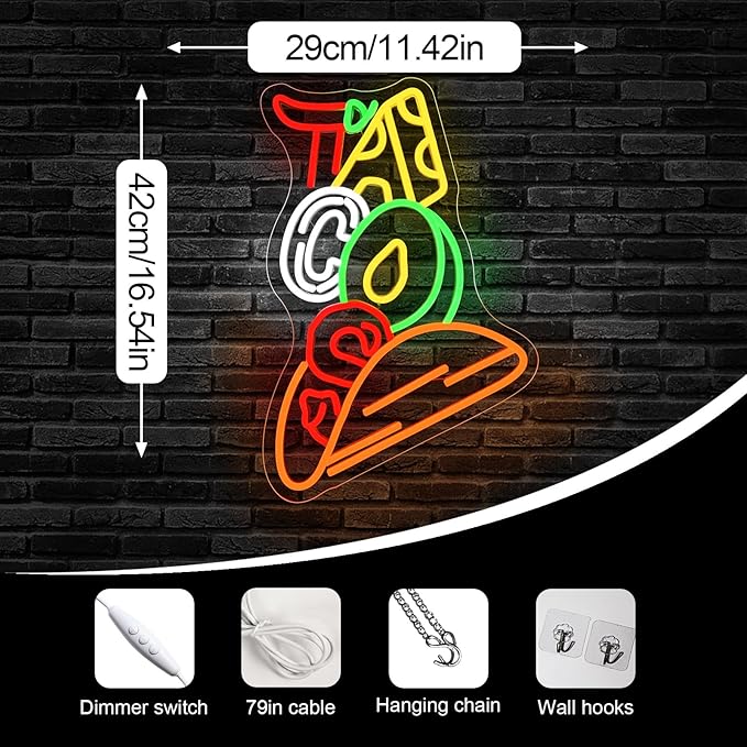 Tacos Neon Sign - Vibrant LED Wall Decor for Mexican Restaurant, Pizzeria, Kitchen, Coffee Bar, Party, or Pub, Adjustable Brightness, USB Powered, Taco Led Sign for Shop