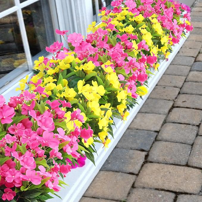 4 Pcs Artificial Flowers Outdoor Impatiens UV Resistant Silk Impatiens Flowers Rose Red Faux Flowers Impatiens Bushes Artificial Impatiens for Pot Patio Lawn Garden Hanging Basket Porch Decor