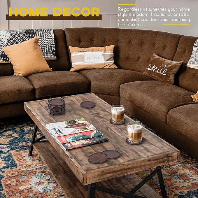Wood Coasters with Metal Holder, GOH DODD Set of 8 Walnut Wooden Coaster Tabletop Protection for Drinks Coffee Table Home Kitchen Office Bar Living Room Decor Housewarming Gifts Wedding Party, 4 Inch