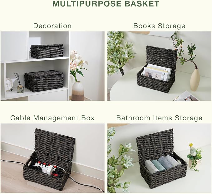 Wicker Basket with Lid - Decorative Storage Boxes for Home Decor, Shelves - Woven Basket with Lid - Wicker Decor - Rattan Box - Decorative Bins with Lids (Black)