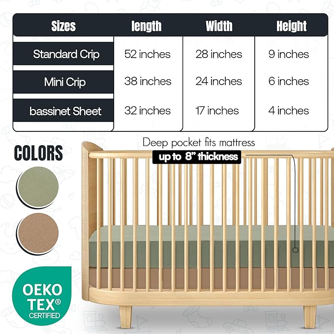 Baby Mini Crib Fitted Sheet, 100% Cotton Knitted Jersey, Pack n Play Sheet, Fitted Crib Sheets, Super Soft, Durable, Toddler Fitted Sheet, Green & Mustard Grey 38"x24"x6"'