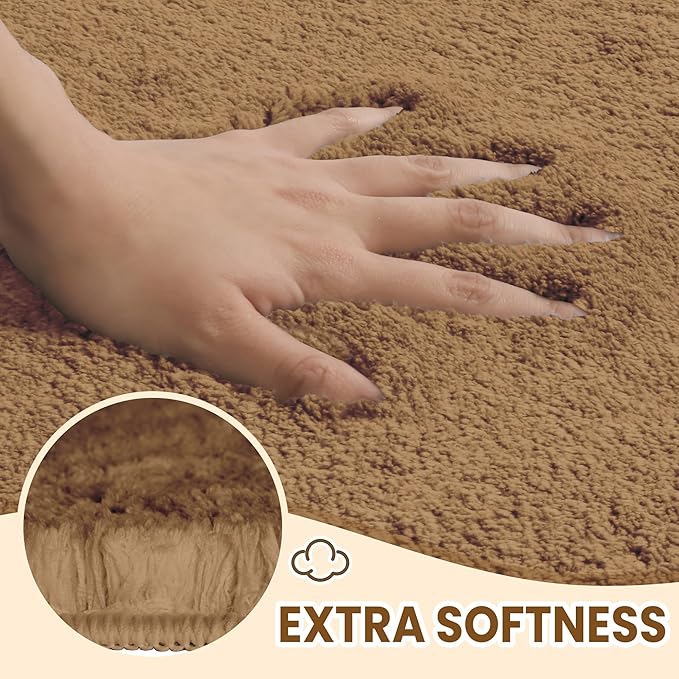 TECHMILLY Fluffy Bathroom Rug Mat 24x17, Absorbent Thick Non Slip Microfiber Mats, Quick Dry Machine Washable Bath Rug for Bathroom Floor, Bathtub and Shower, Tan