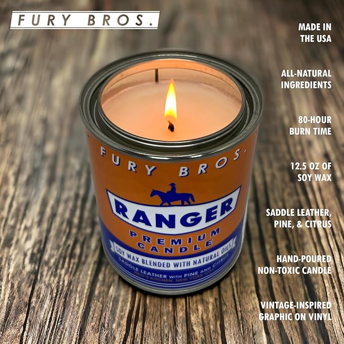 Scented Candles for Men | Ranger | Saddle Leather Pine Citrus | Natural Soy Wax | Hand-Poured in The USA | Long 70-80 Hour Burn (12.5 oz) | Vintage-Inspired Tin Design | Dad Home Gift