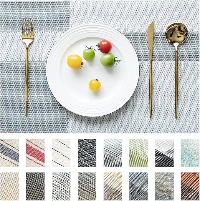 Placemats Set of 6 Vinyl/Plastic Woven Place Mats for Kitchen Table Indoor/Outdoor Washable Placemat Wipeable Dining Table Mats (Silver Cube,6)