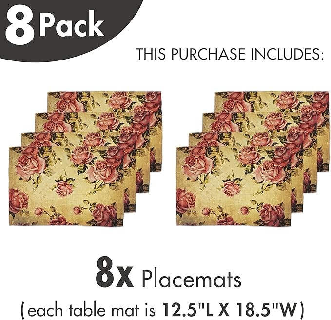 Ambesonne Rose Place Mats Set of 8, Old Fashioned Victorian Style Pattern Dramatic Color Bohemian Art Design, Washable Fabric Placemats for Dining Table, Placemat 8 pcs, Mustard Pink