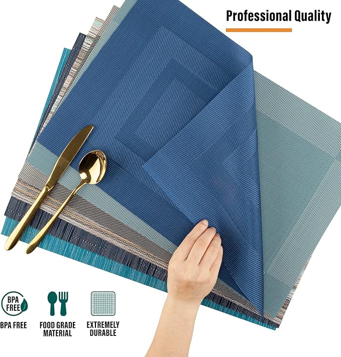 Winknowl Placemats for Dining Table Set of 8 Waterproof, Woven Place Mats for Kitchen Table Vinyl Heat Insulation Stain Resistant Placemats (Sky Blue)