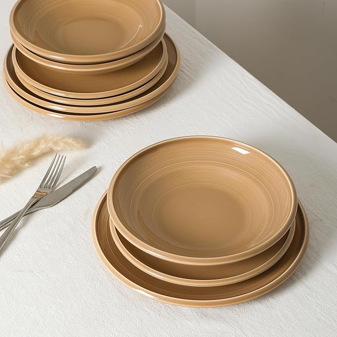 Earth & Clay Harmony 12-Piece Dinnerware, Stoneware, Plates and Bowls, Includes Dinner and Salad Plates, Cereal Bowls, Dishwasher and Microwave Safe, Dish Set for 4, Beige