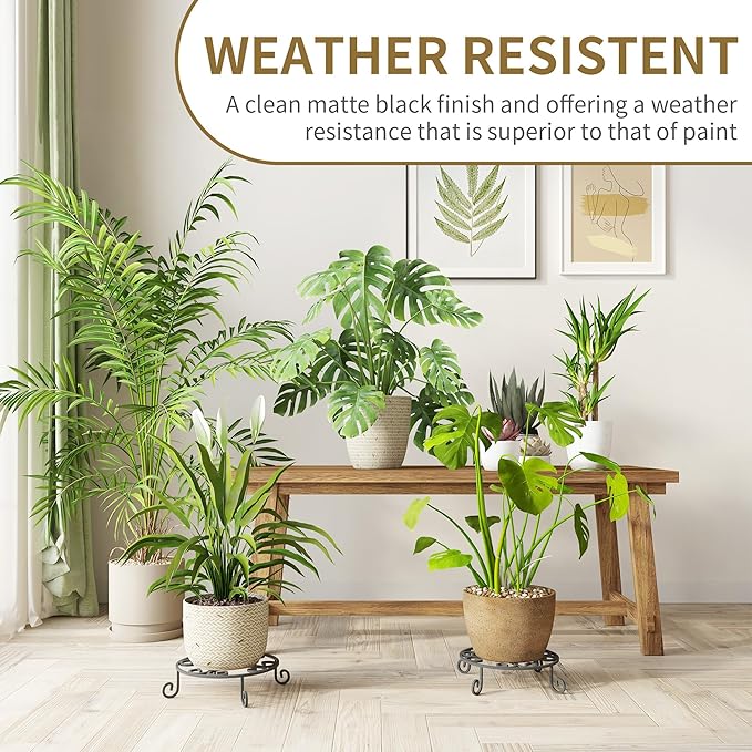 4 Pack 10” Diameter Metal Outdoor Plant Stand Indoor, Black Heavy Duty Potted Holder, Round Anti-Rust Wrought Iron Flower Planter Pot Display Stands for Home Garden