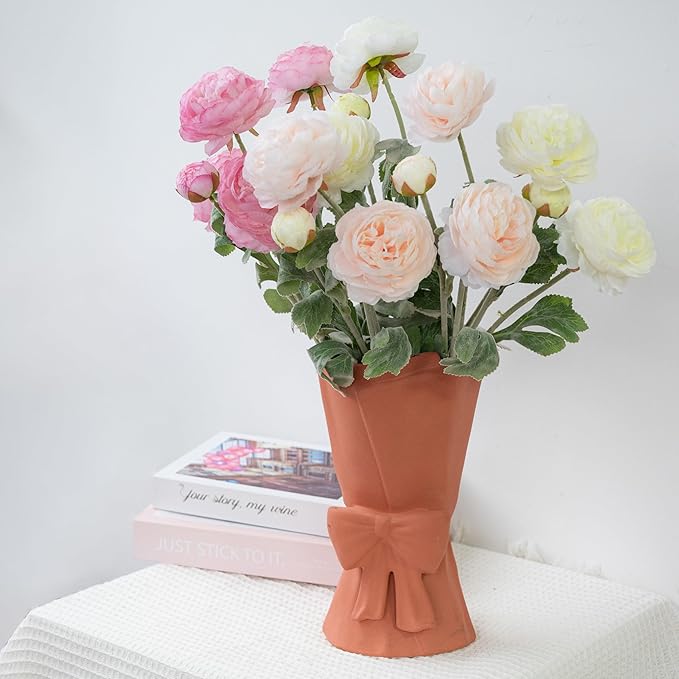 Pink Ceramic Bow Vase 9.64 in Unique Cute Modern Decorative Bouquet Flower Vases for Home Living Room Table Decor Women Girl Gifts