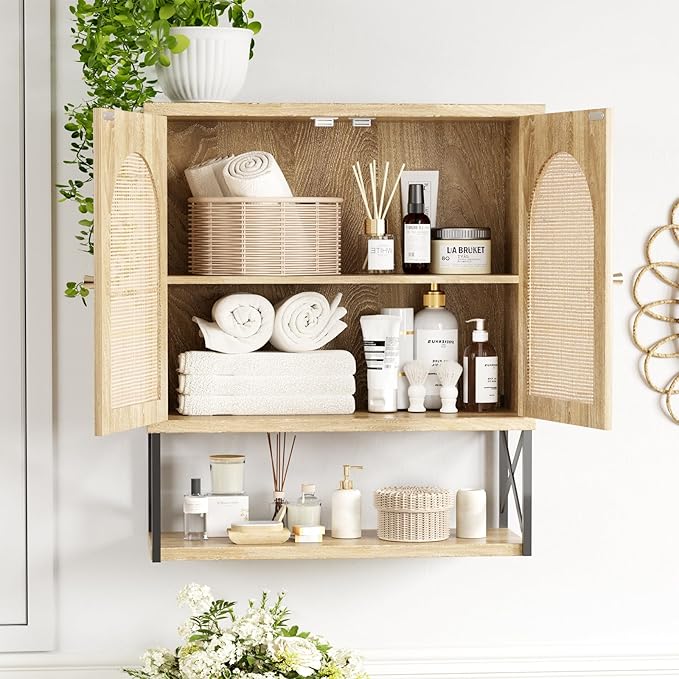 Rattan Bathroom Wall Cabinet, Boho Medicine Wall Cabinet with Double Doors and Adjustable Shelves, Tall Kitchen Wall Mounted Storage Cabinet, Floating Space Saver Over Toilet, Natural