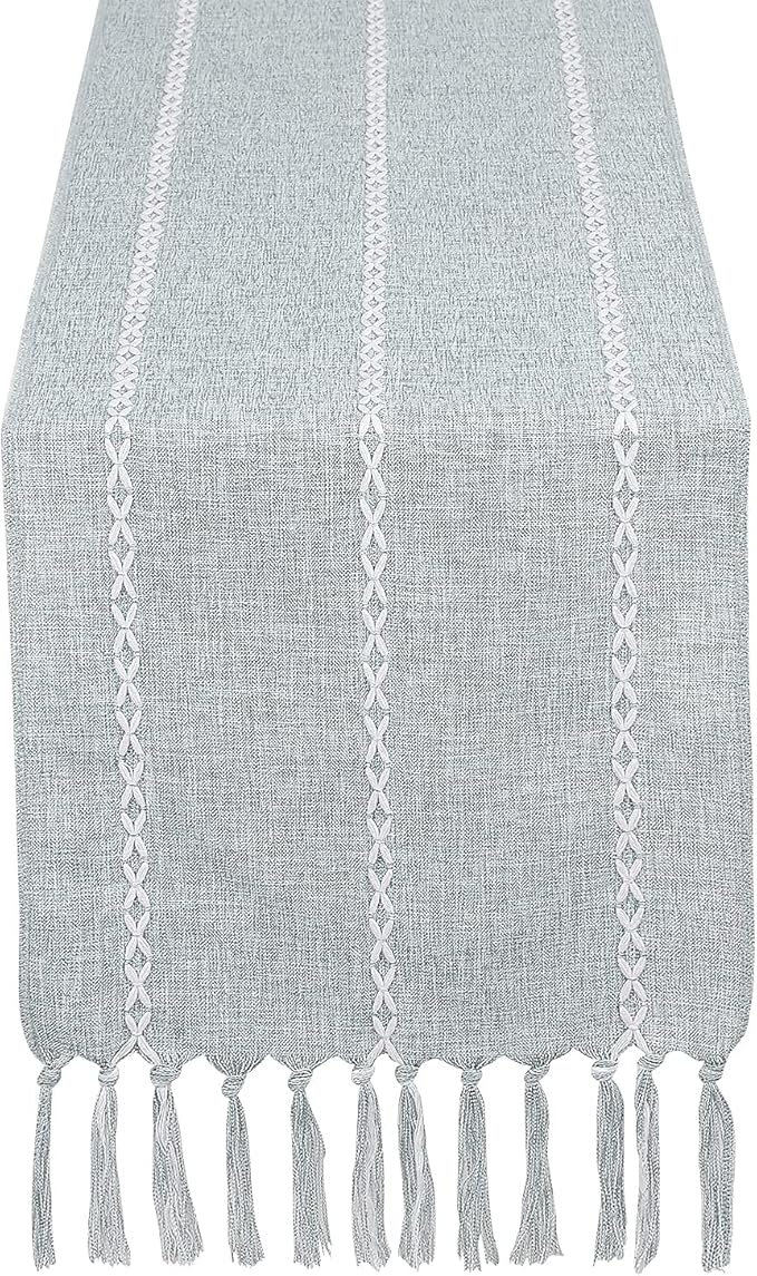 Chassic Rustic Farmhouse Style Linen Table Runner, Boho Handmade Tassel Embroidery Table Runners 72 Inches Long for Holiday Party, Dresser and Dining Decorations, 13 x 72 inch - Light Grey