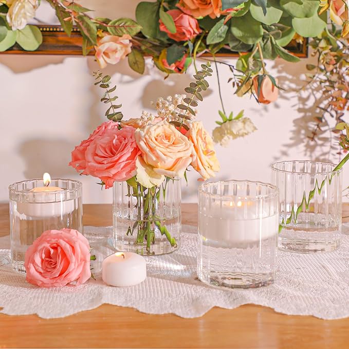 ComSaf 6pcs Glass Cylinder Vases 4 Inch Tall, Small Vase for Flowers, Short Ribbed Vases for Centerpieces, Clear Hurricane Glass Candle Holders for Table Party Home Decor