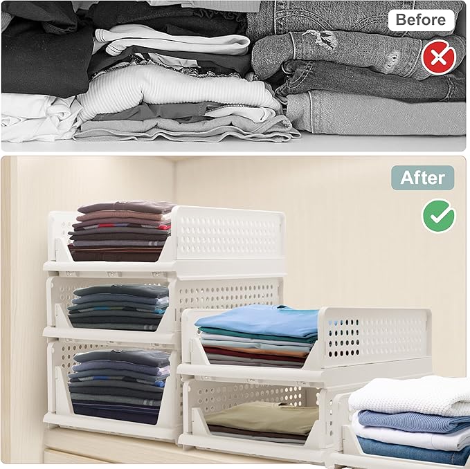 Stackable Foldable Storage Baskets, Folding Storage Bins, Closet Organizers and Plastic Drawer Shelf Storage Container for Wardrobe, Cupboard, Kitchen, Bathroom, Office (White, 4S)