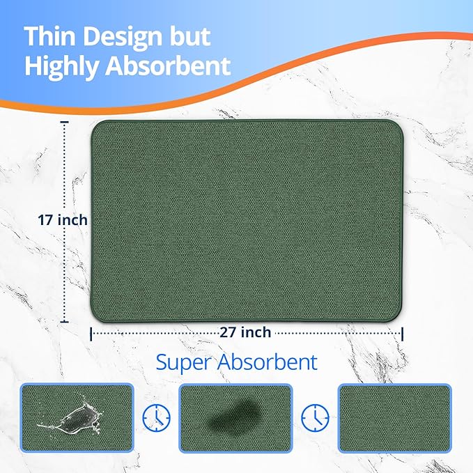 Upgraded Thin Bathroom Rugs, Bath Mat Super Absorbent, Bath Rugs Rubber Backing Non-Slip, Quick Dry Machine Washable, Cozy Cloth Bathroom Mat fit Under Door/Sink/ Bathtub/Shower/Kids 17''x27''-Green