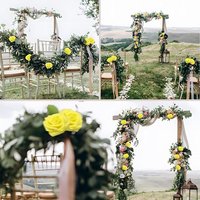 100PCS Yellow Artificial Flowers Roses Real Looking Foam Fake Roses with Leaves and for DIY Wedding Bouquets Bridal Shower Centerpieces Party Decorations (Yellow, 100)