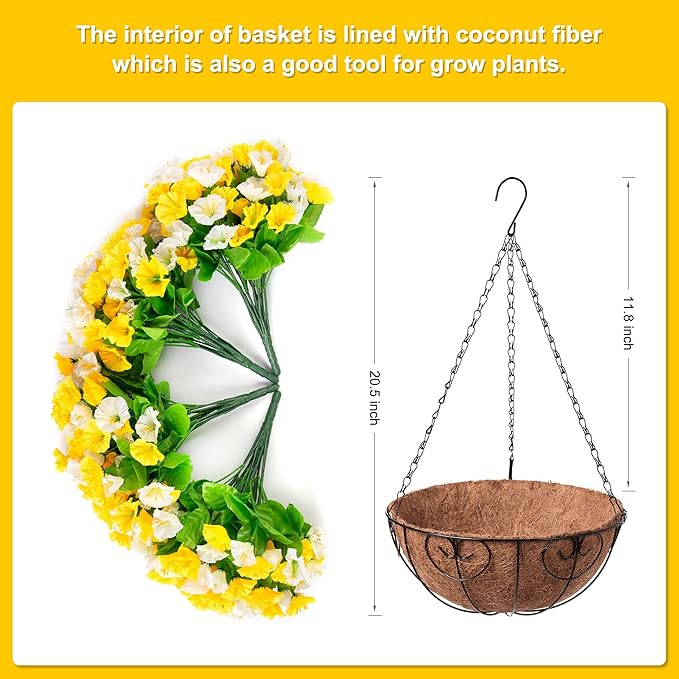 Artificial Hanging Flowers with Basket, Faux Silk Petunias Flower Arrangement, Coconut Lining with Morning Glories Fake Plants Patio Garden Porch Deck Spring Summer Decor(Yellow and White)