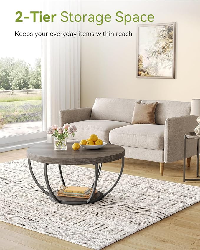 LITTLE TREE Round Coffee Table, 32" Circle Coffee Table for Living Room, 2-Tier Wood Accent Center Table with Open Storage Industrial Design Home Furniture (Grey and Black)