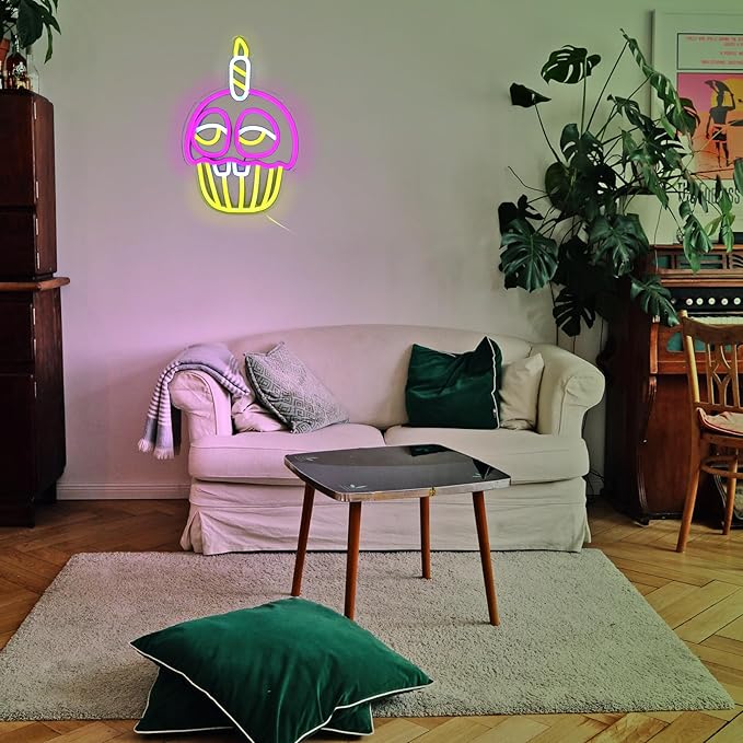 Cupcake Anime Cartoon Neon Signs for Wall Decor, LED Light for Bedroom, Kids' Room, Birthday Decorations, USB Powered, Pink, Yellow, White, 11.8x7.8 inches