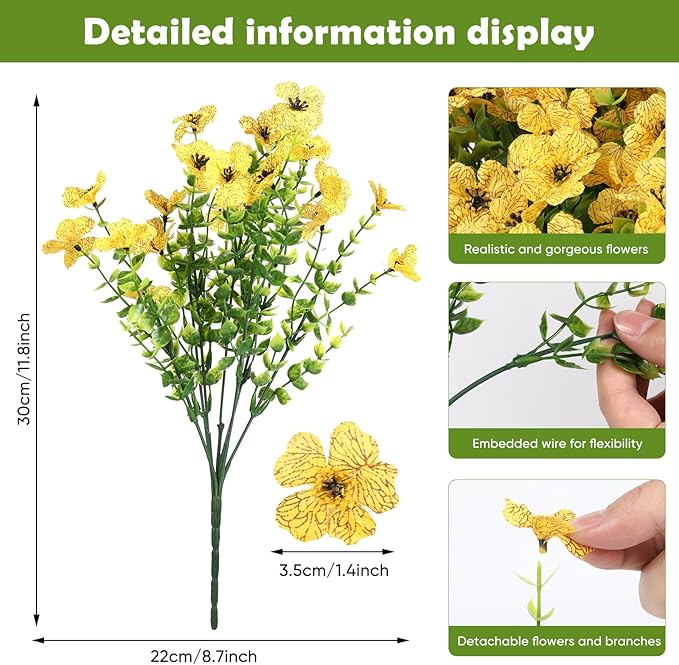 Artificial Flowers for Outdoors, 12 Bundles Artificial Plants & Flowers Outdoor, UV Resistant Faux Flowers Silk Fake Flower for Outside Porch Pot Window Garden Planter Decoration(Yellow)