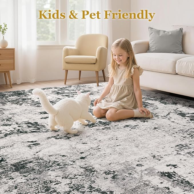 Area Rugs for Living Room: 7x9 Abstract Washable Rug Large Soft Stain Resistant Non-Slip Backing for Bedroom Dining Room Indoor Home Office Carpet for Kids Pet Friendly Families - Dark Grey