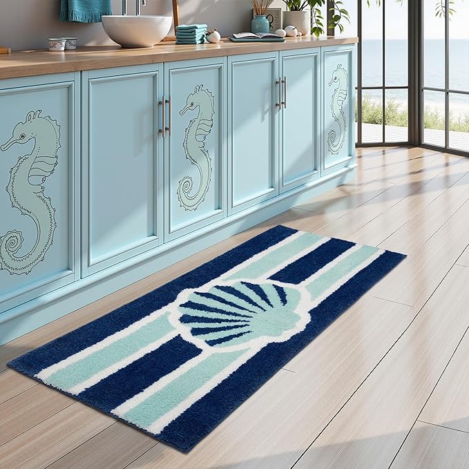 Navy Blue Beach Long Bathroom Rugs Runner Non Slip Washable Cute Coastal Bath Mats Rugs for Bathroom Floor Nautical Fluffy Plush Soft Absorbent Farmhouse Carpet for Shower, Tub, 20x47 inch