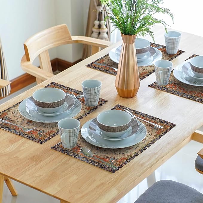 Aztec Terracotta Boho Placemats Set of 4 Vintage Rust Retro Carpet Linen Washable Kitchen Dining Table Mats Stain Heat-Resistant Desktop Decor Place Mats for Home Party Indoor 12x18 in