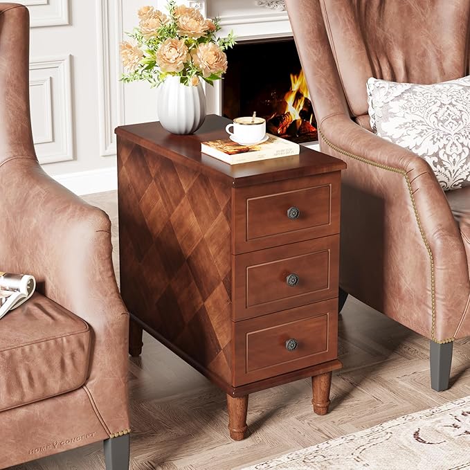 Tribesigns Solid Wood End Table, Fully Assembled Narrow Side Table with Drawers, Pre-Assembled Nightstand Slim Bedside Table for Small Spaces, Living Room, Bedroom, Brown, 2 Pcs