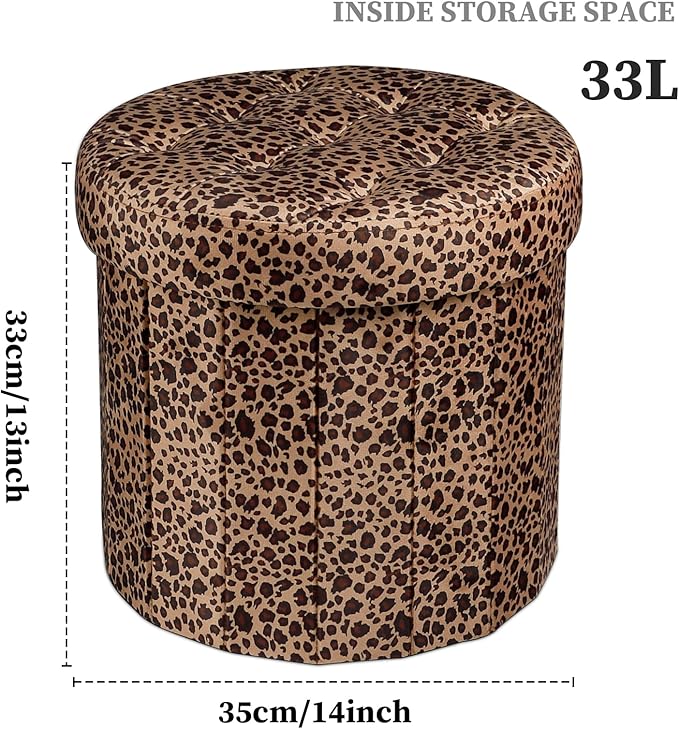 Storage Ottoman, Folding Foot Stool with Thicker Foam Padded Seat Small Velvet Storage Ottoman Foot Rest for Living Room Foldable Coffee Table 14x14x13in, Leopard Print