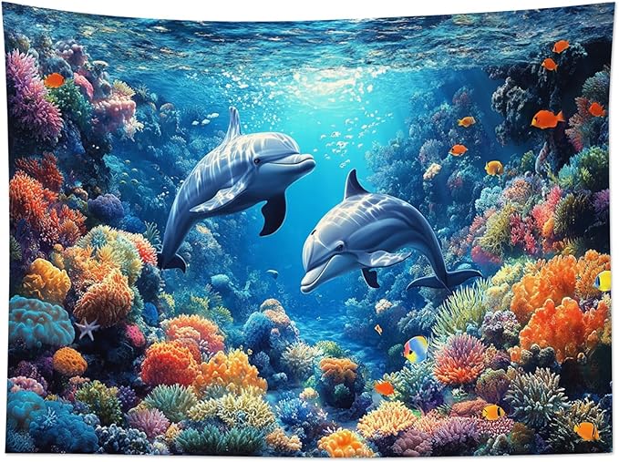 HVEST Blue Ocean Dolphin Tapestry Wall Hanging Tropical Fish Coral in Underwater World Wall Art Summer Sea Nature Landscape Tapestry for Bedroom Living Room Dorm Wall Decor, 40L X 60W inches