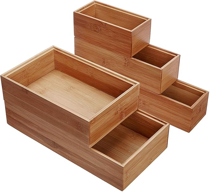 Lipper International 88005 Bamboo Wood Drawer Organizer Boxes, Assorted Sizes, 5-Piece Set