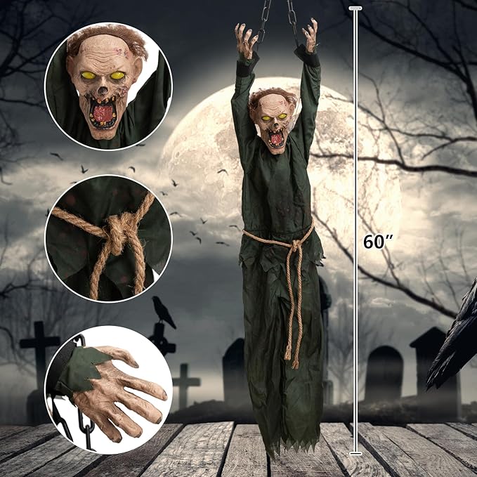 HollyHOME Animated Hanging Zombie Halloween Decoration with Glowing Eyes, Creepy Sound and Shaking Body Halloween Decorations Outdoor Scary Haunted House Prop Decor 60 Inch