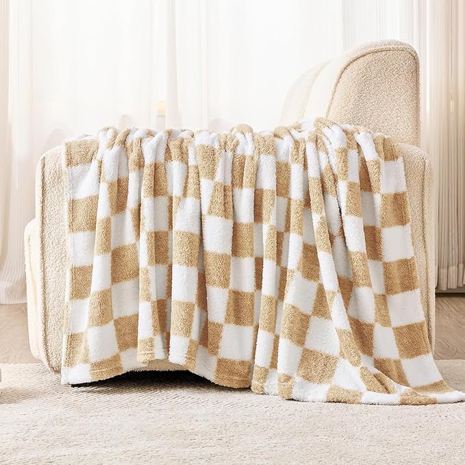 EMME Checkered Blanket Twin Size - 60"x80" Beige Knit Blanket Soft Fluffy Patterned Throw Blankets for Couch, Sofa, Chair, Bed, Camping, Picnic, Travel