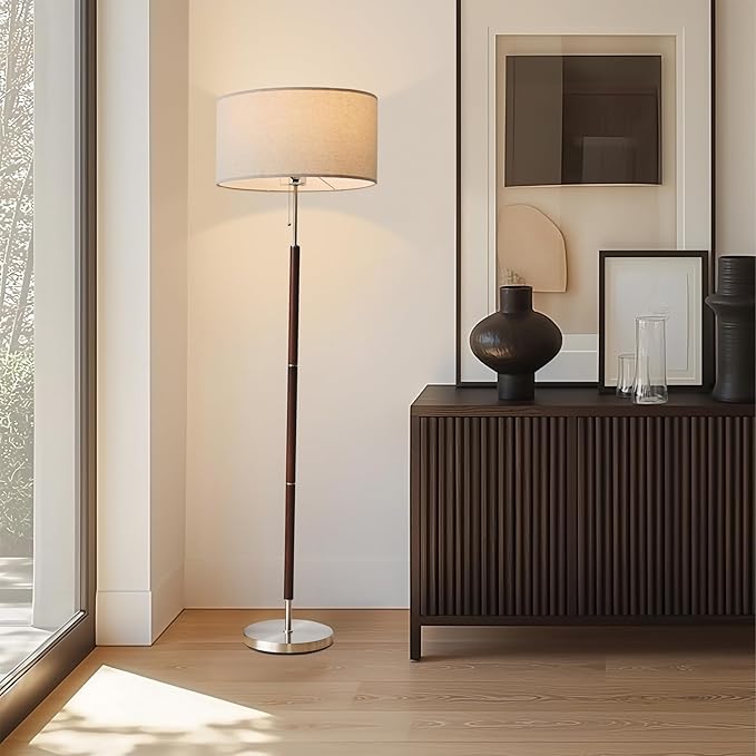 Brightech Carter LED Floor Lamp, Walnut Wood Finish, Mid-Century Modern Drum Shade for Living Room & Office Decor