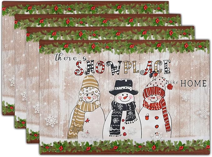 Winter Snowman Placemats Set of 4, Snowflake Pine Cone Place Table Mats Farmhouse Heat Resistant Place Mats 12x18 Inch for Christmas Holiday Decorative Party Dining Table