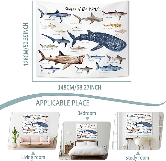 KAIOUS Shark Tapestry, Shark Educational Wall Hanging Tapestries for Kids Girls Boys Room Bedroom Dorm Classroom Nursery Decor 50x58 Inches