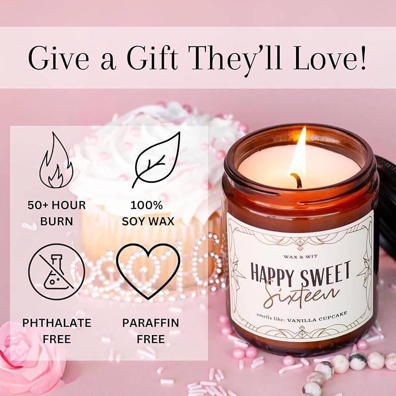 Wax & Wit Sweet 16 Gifts for Girls, Happy Birthday Candles - Scented with Vanilla Cupcake - Sweet Sixteen Gift Ideas – 9oz, Soy Wax, 50 Hour Burn, Premium Candle