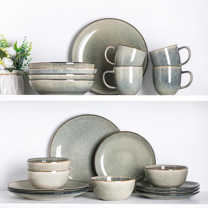 AmorArc Ceramic Dinnerware Sets for 4, 12 Pieces Handpainted Stoneware Plates and Bowls Set, Scratch Resistant Dishes Set, Dishwasher & Microwave Safe, Reactive Color