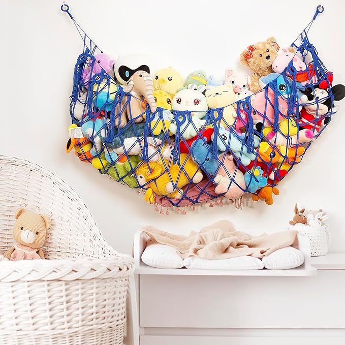 Large Stuffed Animal Storage Net or Hammock for Wall Mounted Macrame Stuffed Animal Display For Boho Nursery Baby Boy Playroom Toy Organizers Pet Net-Blue