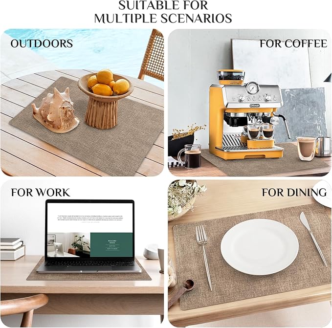 Softalker Faux Leather Placemats Set of 8-Vinyl Heat Resistant Place Mats, 100% Waterproof Oilproof Wipe Clean Table Mats for Indoor & Outdoor Use, 17’’×12’’, Khaki