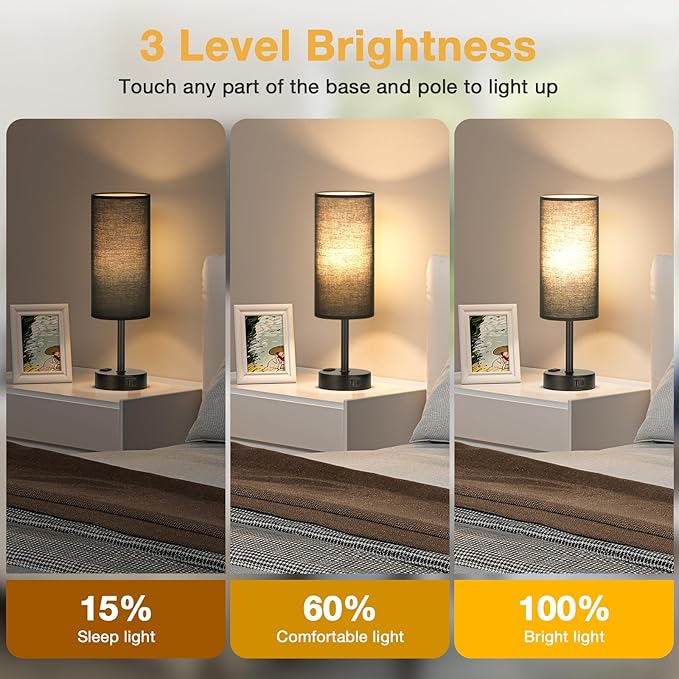 Black Touch Table Lamps Set - 3 Way Dimmable Bedroom Bedside Lamps Set of 2 with USB C and A Ports,Small Lamps for Nightstand with AC Outlet,Round Flaxen Shade for Desk,Office,Dorm,Nursery