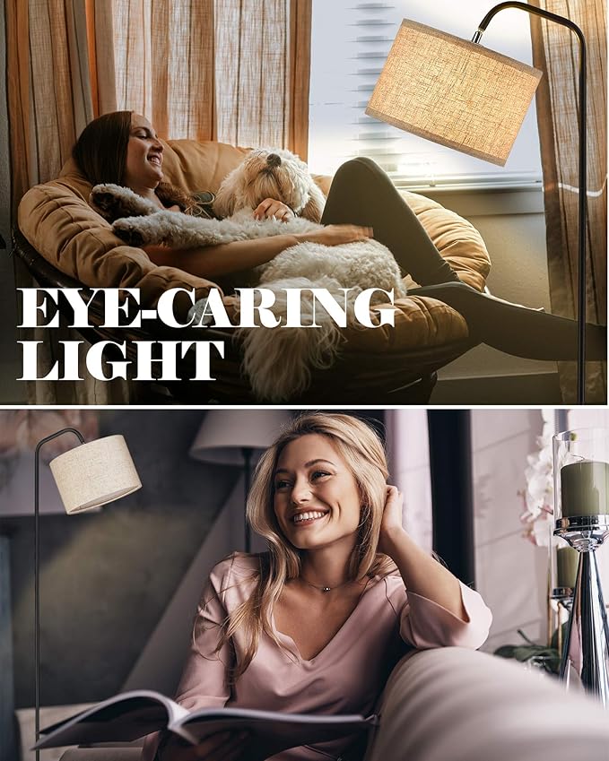 ELYONA Floor Lamp for Living Room with 3 Color Temperatures, Modern Standing lamp with Beige Linen Adjustable Hanging lampshade, Tall Pole Reading Lamp with 9W LED Bulb for Bedroom, Office, Black
