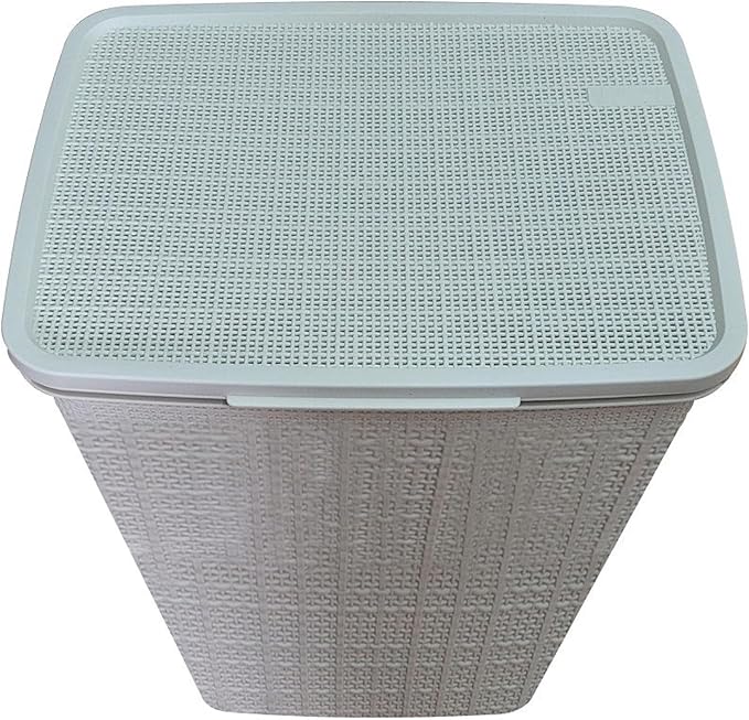 YBM Home Plastic Rattan Laundry Hamper Basket with Hinged Lid, Ventilation Holes, Durable, Lightweight Bin With Cutout Handles, Storage Dirty Clothes, Space Saver, 16.75" x 13.5" x 23.75",Beige,6-Pack