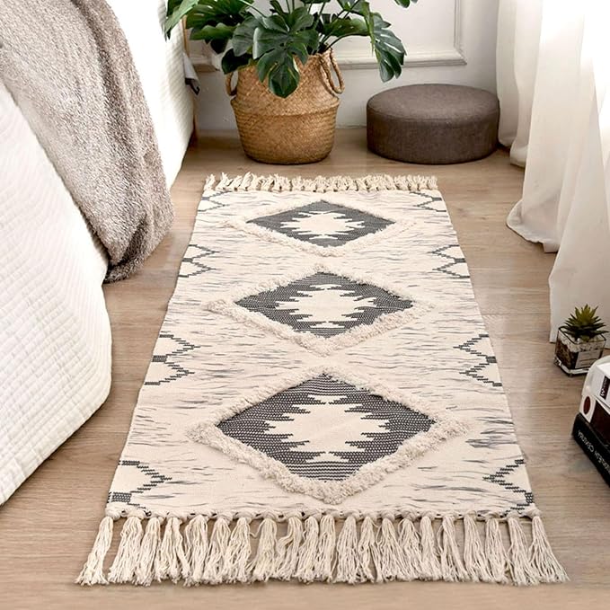 Boho Runner Rug, Washable Hallway Rug Runner Non Slip Rubber Backed, Kitchen Farmhouse Area Rug Floor Mat with Tassels, Tufted Woven Cotton Entryway Carpet (Grey, 2.3'x3.8')