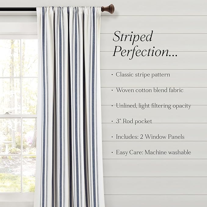 Lush Decor Farmhouse Stripe Yarn Dyed Cotton Window Curtain Panel Pair, 42" W x 84" L, Navy - Classic Modern Rustic Charm - Eco Friendly Cotton Fabric(2 count pack of 1)