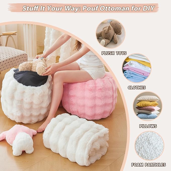 LIFEREVO Luxury Faux Rabbit Fur Round Inflatable Pouf Ottoman, 20 X 16 Fluffy Waffle Bubble Floor Poufs Foot Stool Rest Living Room Bedroom, Furry Pouf Ottoman Chair Seat Home Decor, Anti-Slip, Black