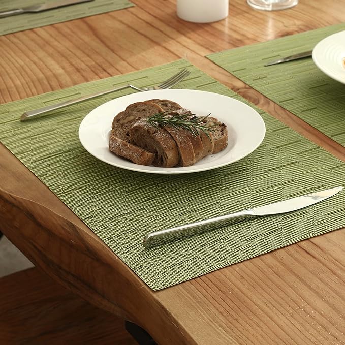 Leetaltree Pea Green Placemats Set of 12 - Heat Resistant Non-Slip Place mats for Dining Table, Washable Durable PVC Vinyl Woven Table Mats(Pea Green, 12)