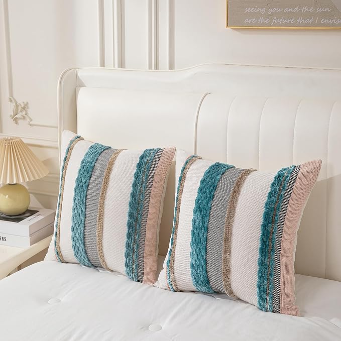 Boho Pillow Covers 18x18 Set of 2 for Couch-Modern Farmhouse Sofa Decorative Teal Throw Pillow Covers Textured Chenille Cushion Covers Outdoor Netural Bohemian Pillow Cases Square